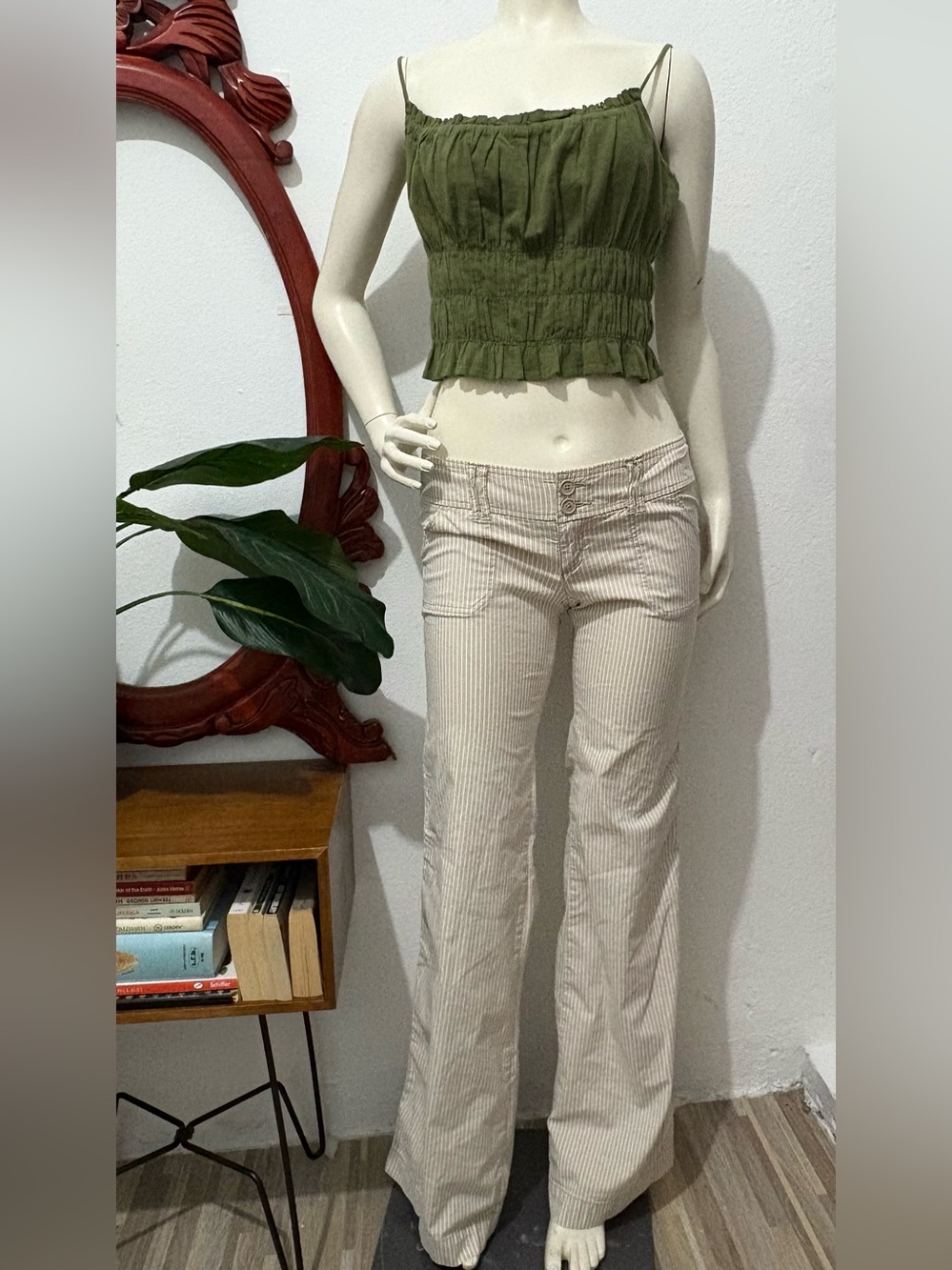 Y2K Hollister Bootcut Flare Low Rise Khaki and White Striped Pants Size 3